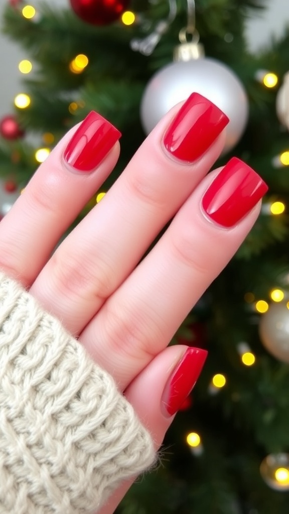 Elegant red French tip nails on a festive background with Christmas decorations.